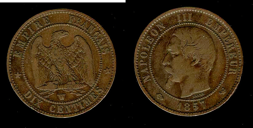 Dix centimes Napoléon III, tête nue 1857 Lille TB+ à TTB-